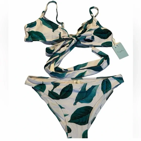 Cupshe Leaf Print Bikini Set - Green and White Medium - Picture 3 of 5